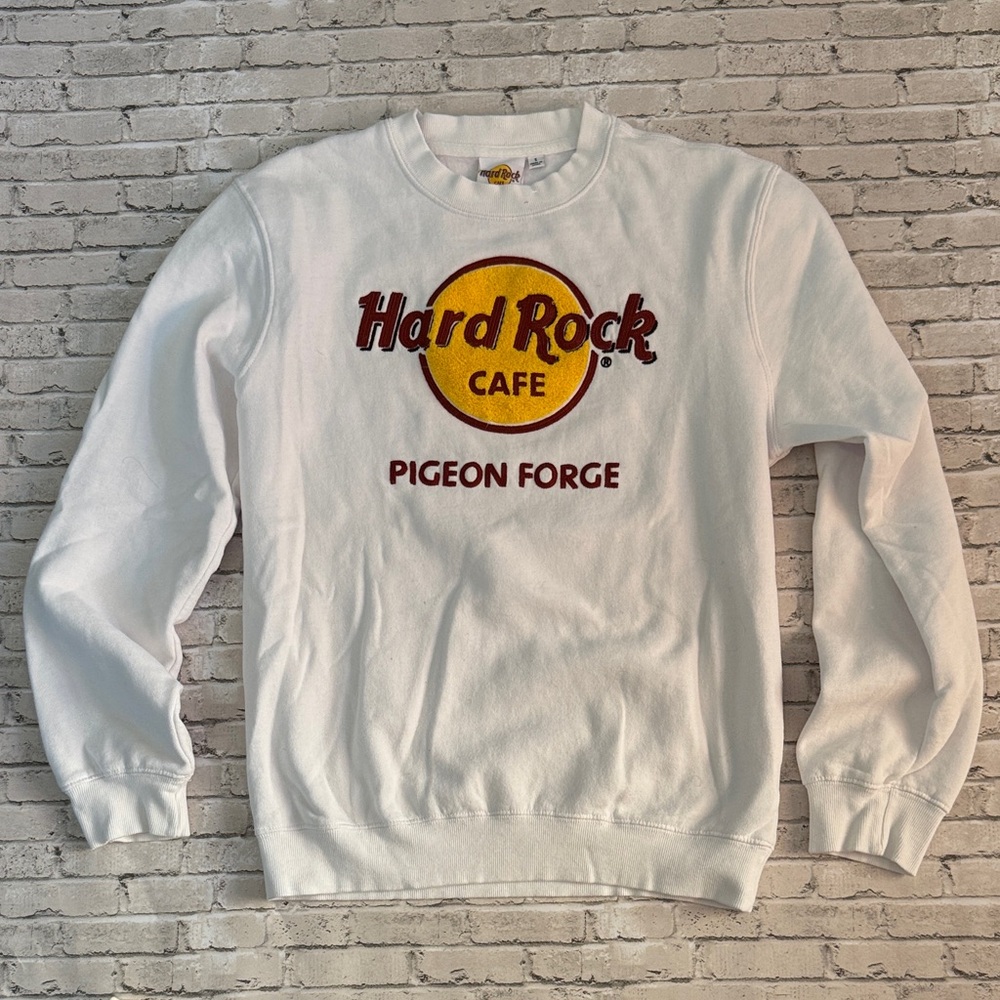 Hard Rock Cafe White Crewneck Sweatshirt with Yellow & Burgundy Logo